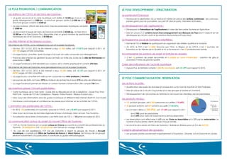 LE POLE PROMOTION / COMMUNICATION

LE POLE DEVELOPPEMENT / STRUCTURATION

Les éditions de l’OTVG et de Gens de Garonne :

Le partenariat Garorock

 Le guide vacances et la carte touristique sont édités à 15 000 ex chacun ; Le
guide hébergement à 3 000 ex ; la brochure groupe adulte à 5 000 ex et la
brochure groupe scolaire à 3 500 ex
 Le pass tourisme, offrant des réductions chez les partenaires touristiques, est édité
à 3 000 ex
 Le document d’appel de Gens de Garonne est édité à 50 000 ex ; le Flyer été à
15 000 ex et le Flyer Evasion Plus, disponible chez un grand nombre de prestataires
touristiques de Lot et Garonne, à 30 000 ex.

Les sites Internet et les réseaux sociaux :
Site Internet de l’OTVG, www.valdegaronne.com et la page Facebook :
 De Nov. 2011 à Oct. 2012, le site Internet a reçu 61 026 visites, soit +15.81% par rapport à 2011, et
241 100 pages ont été consultées.
 La page la plus consultée, après la page d’accueil, est celle consacrée aux hébergements.
 Parmi les sites Internet qui génèrent le plus de trafic sur notre site, le site de la ville de Marmande est
prescripteur à 50%.
 La page Facebook a été relookée aux couleurs de la charte graphique et compte 696 fans.
Site Internet de Gens de Garonne, www.gensdegaronne.com et la page Facebook :

 Promouvoir la destination via un festival et mettre en place des actions communes : jeu concours,
paniers garnis pour les journalistes, accueil VIP dans le patio, interviews festivaliers...

Le développement de l’agritourisme :
 Développer la thématique de l’agritourisme et créer des liens entre Tourisme et Agriculture
 Mise en place d’un schéma local d’accompagnement aux Marques de Pays dont l’objectif est de
développer les circuits courts et les relations Restaurateurs/Producteurs

Le Programme Local de Formation Interfilière :
 Animer le PLFI et fédérer les participants en organisant des ateliers qualité et e-tourisme.
 En 2012, le PLFI c’est 12 488€ financés par l’Etat, la Région et les OPCA, c’est 9 journées de
formation sur les thèmes de la Qualité et du e-tourisme et c’est 60 professionnels formés.

Accompagner les porteurs de projet et instruire les dossiers:
 C’est 14 porteurs de projet rencontrés et 4 projets en cours d’instruction : création de gîte et
chambre d’hôtes de grande qualité.

Créer des indicateurs de l’activité touristique
 Aujourd’hui, le territoire compte 2 244 lits marchands, soit +21.49% par rapport à 2010.

 De Nov. 2011 à Oct. 2012, le site Internet a reçu 10 600 visites, soit +5.12% par rapport à 2011, et
44787 pages ont été consultées.
 La page la plus consultée est celle qui est consacrée aux infos pratiques / Horaires.
 Les sources de trafic sont pour 59% les moteurs de recherche et pour 31% les sites de références.
 La page Facebook permet de relayer un certain nombre d’information. Elle compte 734 Fans.

Les insertions presse / Encarts publicitaires :
 Carte touristique de la Voie verte ; Guide été du Républicain et de la Dépêche ; Guide Pass Time ;
Petit Futé ; Guide de l’OT de Casteljaloux ; Réseau Visites Passion ; Réseau Evasion plus...
 Mise à jour des informations dans les guides touristiques et différents sites Internet (Sortir 47, Sud Ouest)
 Nombreux communiqués et conférences de presse pour informer sur les activités de l’OTVG.

L’animation des partenaires de l’OTVG :
 En 2012, 145 partenaires ont souhaité s’associer à l’OTVG, soit +18.85% par rapport à 2011.
 Mise à jour de la base de données régionale Sirtaqui, statistiques, bilan annuel, Pass tourisme...
 Actualisation de la lettre d’information « Les Petits Mots de l’OT »  10 lettres envoyées en 2012

La communication autour du projet du nouvel Office de Tourisme :
 L’OT du Val de Garonne est un projet unique en France qui suscite la curiosité des professionnels du
tourisme : 20 délégations soit 156 personnes sont venues en voyage d’étude.
 Au vue de son expérience, l’OT Val de Garonne a rejoint le groupe de travail « Accueil
Numérique » co-piloté par Office de Tourisme de France et Atout France. Les travaux de ce groupe
serviront notamment à la publication d’une étude ou guide méthodologique.

LE POLE COMMERCIALISATION /RESERVATION
Les actions du pôle :
 Qualification des bases de données et prospection sur le marché Aquitain et Midi Pyrénées.
 Mise en place de 5 circuits à la journée pour des groupes d’adultes et d’enfants.
 Développement de l’économie du territoire en renvoyant les clientèles vers les prestataires.

Les produits vendus :

7,96%

Prestataires

 121 produits groupes, soit 4 202 personnes accueillies (-19.64%)
 18 produits enfants, soit 873 enfants accueillis (+124.42%)
 Le CA total s’élève à 103

296€, soit -17.14% par rapport à 2011

17,01%

Gens de
Garonne
75,03%

Centrale de
réservation

dont 75% pour les prestataires
dont 25% pour Gens de Garonne et le service réservation
 Les réservations sont effectuées à 68% par les Clubs ou Association et à 32% par les autocaristes. Le
nombre d’autocaristes clients diminue chaque année.
 Le circuit le plus vendu est Gens de Garonne + Balade en Bateau pour un CA de 54 910€

L’origine géographique des groupes :
 Les groupes adultes proviennent majoritairement d’Aquitaine : Gironde, Lot-et-Garonne et Landes.

 