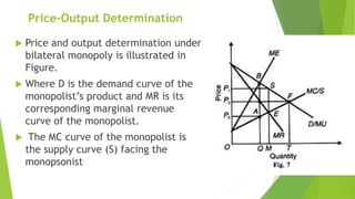Price-Output Determination
 Price and output determination under
bilateral monopoly is illustrated in
Figure.
 Where D is the demand curve of the
monopolist’s product and MR is its
corresponding marginal revenue
curve of the monopolist.
 The MC curve of the monopolist is
the supply curve (S) facing the
monopsonist
 