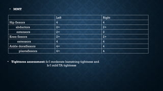 Left Right
Hip flexors 4 4
abductors 2+ 2+
extensors 2+ 2
Knee flexors 2+ 2+
extensors 4 4
Ankle dorsiflexors 4+ 4
plantaflexors 4+ 4
• MMT
• Tightness assessment: b/l moderate hamstring tightness and
b/l mild TA tightness
 