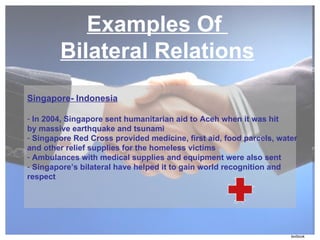 Examples Of  Bilateral Relations Singapore- Indonesia In 2004, Singapore sent humanitarian aid to Aceh when it was hit  by massive earthquake and tsunami Singapore Red Cross provided medicine, first aid, food parcels, water and other relief supplies for the homeless victims Ambulances with medical supplies and equipment were also sent Singapore’s bilateral have helped it to gain world recognition and respect textbook 