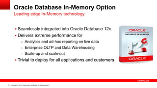 Copyright © 2013, Oracle and/or its affiliates. All rights reserved.35
Oracle Database In-Memory Option
 Seamlessly integrated into Oracle Database 12c
 Delivers extreme performance for
– Analytics and ad-hoc reporting on live data
– Enterprise OLTP and Data Warehousing
– Scale-up and scale-out
 Trivial to deploy for all applications and customers
Leading edge In-Memory technology
 