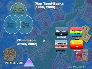 Currículo de conexiones 
Currículo personal 
Currículo de 
práctica 
Currículo central 
(Van Tasel-Baska ,1986; 2009) 
(Tomlinson y otros, 2002) 
Luz Pérez, 2014 PIIRTO, 2008  