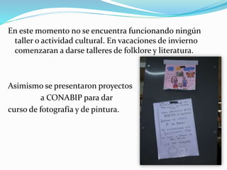 En este momento no se encuentra funcionando ningún 
taller o actividad cultural. En vacaciones de invierno 
comenzaran a darse talleres de folklore y literatura. 
Asimismo se presentaron proyectos 
a CONABIP para dar 
curso de fotografía y de pintura. 
 