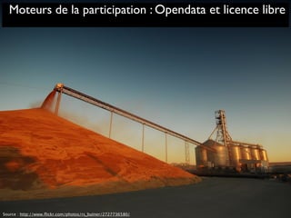 Source : http://www.flickr.com/photos/rs_butner/2727736580/
Moteurs de la participation : Opendata et licence libre
 