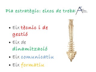 Pla estratègic: eixos de treball Eix  tècnic i de gestió Eix de  dinamització Eix  comunicatiu Eix  formatiu 