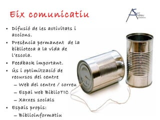 Eix comunicatiu Difusió de les activitats i accions. Presència permanent  de la biblioteca a la vida de l’escola. Feedback important. Ús i optimització de recursos del centre Web del centre / correu Espai web BiblioTIC Xarxes socials Espais propis: Biblioinformatiu Bibliopares 