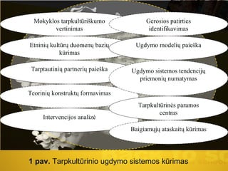 1 pav.  Tarpkultūrinio ugdymo sistemos kūrimas  TARPKULTŪRINIO UGDYMO SISTEMA  Mokyklos tarpkultūriškumo vertinimas Etninių kultūrų duomenų bazių kūrimas Tarptautinių partnerių paieška Teorinių konstruktų formavimas Intervencijos analizė Gerosios patirties identifikavimas Ugdymo modelių paieška Ugdymo sistemos tendencijų priemonių numatymas Tarpkultūrinės paramos centras Baigiamųjų ataskaitų kūrimas 