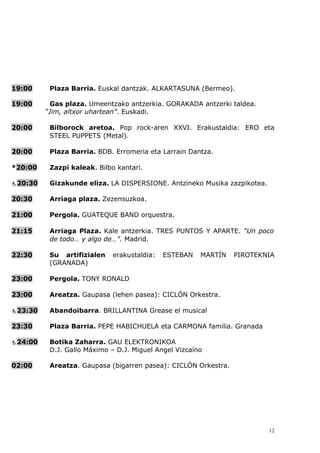 19:00     Plaza Barria. Euskal dantzak. ALKARTASUNA (Bermeo).

19:00      Gas plaza. Umeentzako antzerkia. GORAKADA antzerki taldea.
         “Jim, altxor uhartean”. Euskadi.

20:00     Bilborock aretoa. Pop rock-aren XXVI. Erakustaldia: ERO eta
          STEEL PUPPETS (Metal).

20:00     Plaza Barria. BDB. Erromeria eta Larrain Dantza.

*20:00    Zazpi kaleak. Bilbo kantari.

20:30    Gizakunde eliza. LA DISPERSIONE. Antzineko Musika zazpikotea.

20:30     Arriaga plaza. Zezensuzkoa.

21:00     Pergola. GUATEQUE BAND orquestra.

21:15     Arriaga Plaza. Kale antzerkia. TRES PUNTOS Y APARTE. “Un poco
          de todo… y algo de…”. Madrid.

22:30     Su artifizialen    erakustaldia:   ESTEBAN   MARTÍN   PIROTEKNIA
          (GRANADA)

23:00     Pergola. TONY RONALD

23:00     Areatza. Gaupasa (lehen pasea): CICLÓN Orkestra.

23:30    Abandoibarra. BRILLANTINA Grease el musical

23:30     Plaza Barria. PEPE HABICHUELA eta CARMONA familia. Granada

24:00    Botika Zaharra. GAU ELEKTRONIKOA
          D.J. Gallo Máximo – D.J. Miguel Angel Vizcaíno

02:00     Areatza. Gaupasa (bigarren pasea): CICLÓN Orkestra.




                                                                          12
 
