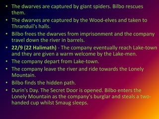 • The dwarves are captured by giant spiders. Bilbo rescues
them.
• The dwarves are captured by the Wood-elves and taken to
Thranduil's halls.
• Bilbo frees the dwarves from imprisonment and the company
travel down the river in barrels.
• 22/9 (22 Halimath) - The company eventually reach Lake-town
and they are given a warm welcome by the Lake-men.
• The company depart from Lake-town.
• The company leave the river and ride towards the Lonely
Mountain.
• Bilbo finds the hidden path.
• Durin's Day. The Secret Door is opened. Bilbo enters the
Lonely Mountain as the company's burglar and steals a two-
handed cup whilst Smaug sleeps.
 