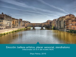 Emoción: belleza artística, placer sensorial, stendhalismo
(relacionada con la A del modelo MDA)
(Pepe Pedraz, 2019)
 
