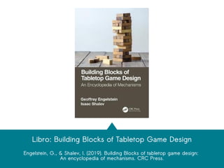 Libro: Building Blocks of Tabletop Game Design
Engelstein, G., & Shalev, I. (2019). Building Blocks of tabletop game design:
An encyclopedia of mechanisms. CRC Press.
 