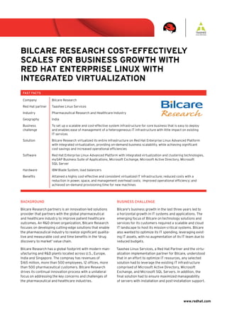 Bilcare research cost-effectively
scales for Business Growth with
red hat enterprise linux with
inteGrated virtualization
 FASt FACtS

 Company            Bilcare Research
 Red Hat partner    Taashee Linux Services
 Industry           Pharmaceutical Research and Healthcare Industry
 Geography          India
 Business           To set up a scalable and cost-effective system infrastructure for core business that is easy to deploy
 challenge          and enables ease of management of a heterogeneous IT infrastructure with little impact on existing
                    IT services
 Solution           Bilcare Research virtualized its entire infrastructure on Red Hat Enterprise Linux Advanced Platform
                    with integrated virtualization, providing on-demand business scalability, while achieving significant
                    cost savings and increased operational efficiencies
 Software           Red Hat Enterprise Linux Advanced Platform with integrated virtualization and clustering technologies,
                    mySAP Business Suite of Applications, Microsoft Exchange, Microsoft Active Directory, Microsoft
                    SQL Server
 Hardware           IBM Blade System, load balancers
 Benefits           Attained a highly cost-effective and consistent virtualized IT infrastructure; reduced costs with a
                    reduction in power, space, and management overhead costs; improved operational efficiency; and
                    achieved on-demand provisioning time for new machines




BACKGROUND                                                       BUSINESS CHALLENGE

Bilcare Research partners is an innovation-led solutions         Bilcare's business growth in the last three years led to
provider that partners with the global pharmaceutical            a horizontal growth in IT systems and applications. The
and healthcare industry to improve patient healthcare            emerging focus of Bilcare on technology solutions and
outcomes. An R&D driven organization, Bilcare Research           services for its customers required a scalable and cloud
focuses on developing cutting-edge solutions that enable         IT landscape to host its mission-critical systems. Bilcare
the pharmaceutical industry to realize significant qualita-      also wanted to optimize its IT spending, leveraging exist-
tive and measurable cost and time benefits in the 'drug          ing IT assets, with no augmentation of its IT team due to
discovery to market' value chain.                                reduced budgets.

Bilcare Research has a global footprint with modern man-        Taashee Linux Services, a Red Hat Partner and the virtu-
ufacturing and R&D plants located across U.S., Europe,          alization implementation partner for Bilcare, understood
India and Singapore. The compnay has revenues of                that in an effort to optimize IT resources, any selected
$165 million, more than 500 employees, 12 offices, more         solution had to leverage the existing IT infrastructure
than 500 pharmaceutical customers. Bilcare Research             comprised of Microsoft Active Directory, Microsoft
drives its continual innovation process with a unilateral       Exchange, and Microsoft SQL Servers. In addition, the
focus on addressing the key concerns and challenges of          final solution had to ensure maximized manageability
the pharmaceutical and healthcare industries.                   of servers with installation and post-installation support.




                                                                                                               www.redhat.com
 