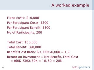 A worked example Fixed costs: £10,000 Per Participant Costs: £200 Per Participant Benefit: £300 No of Participants: 200 Total Cost: £50,000 Total Benefit: £60,000 Benefit/Cost Ratio: 60,000/50,000 = 1.2 Return on Investment = Net Benefit/Total Cost = (60K-50K)/50K = 10/50 = 20% 