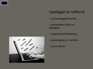 Hem



      Upplägget av träffarna
      o processloggskrivande

      o presentation från en
      deltagare

      o inspirationsföreläsning

      o genomgång av moment

      o prova på-tid
 
