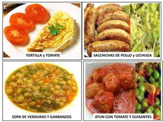 TORTILLA y TOMATE SALCHICHAS DE POLLO y LECHUGA
SOPA DE VERDURAS Y GARBANZOS ATUN CON TOMATE Y GUISANTES
 