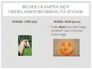 BILDER I KAMPEN MOT
ORDKLASSEFORVIRRING PÅ SPANSK
SPANSK: CRIN (sb) NORSK: MAN (pron)
• F.eks Man kan ikke lage
omelett uten å knuse
noen egg
 
