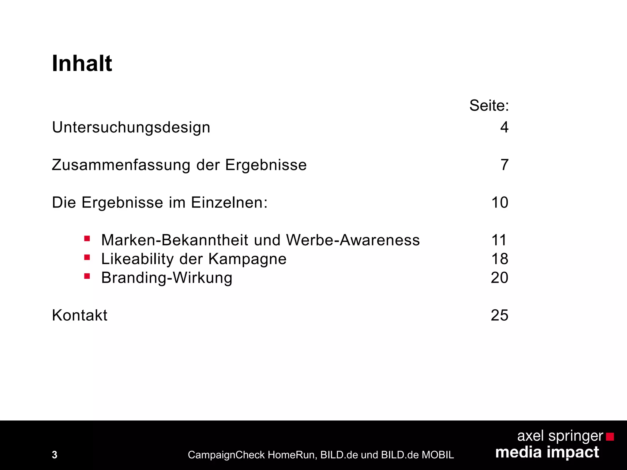 CampaignCheck HomeRun, BILD.de und BILD.de MOBIL3
Inhalt
Untersuchungsdesign 4
Zusammenfassung der Ergebnisse 7
Die Ergebnisse im Einzelnen: 10
 Marken-Bekanntheit und Werbe-Awareness 11
 Likeability der Kampagne 18
 Branding-Wirkung 20
Kontakt 25
Seite:
 