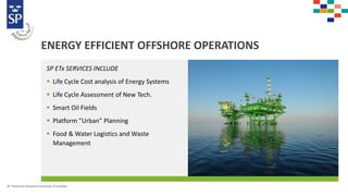 ENERGY EFFICIENT OFFSHORE OPERATIONS
SP ETx SERVICES INCLUDE
 Life Cycle Cost analysis of Energy Systems
 Life Cycle Assessment of New Tech.
 Smart Oil Fields
 Platform ”Urban” Planning
 Food & Water Logistics and Waste
Management
SP Technical Research Institute of Sweden
 