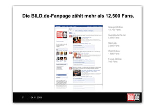 Die BILD.de-Fanpage zählt mehr als 12.500 Fans.

                                    Spiegel Online:
                                    18.700 Fans

                                    Sueddeutsche.de:
                                    5.000 Fans

                                    Stern.de
                                    2.000 Fans

                                    Welt Online:
                                    1.800 Fans

                                    Focus Online:
                                    760 Fans




7   04.11.2009
 