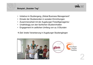 Beispiel „Sozialer Tag“


•    Initiative im Studiengang „Global Business Management“
•    Einsatz der Studierenden in sozialen Einrichtungen
•    Zusammenarbeit mit der Augsburger Freiwilligenagentur
•    Unabhängig von den fachlichen Studieninhalten
•    Engagement im zeitlichen Umfang von ca. 8 Stunden

 Ziel: breite Verankerung in Augsburger Studiengängen




                                                              2
 