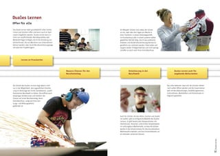 Duales Lernen
Offen für alle

Das Duale Lernen steht grundsätzlich allen Schüle-                               Ein Beispiel: Schüler sind neben der Schule
rinnen und Schülern offen und kann auch an Gym-                                  an ein, zwei oder drei Tagen pro Woche in
nasien angeboten werden. Duales Lernen kann in                                   einer Tischlerei, in einem Gemüsegeschäft,
Form von verpflichtenden Betriebspraktika oder                                   im Krankenhaus oder in einem anderen selbst
Werkstatt-Tagen erfolgen, durch die Gründung von                                 gewählten Betrieb tätig. Durch das praktische
Schülerfirmen, die von Mentoren aus Unternehmen                                  Arbeiten und die Berufsorientierung können Ju-
betreut werden, oder durch Berufsorientierungstage                               gendliche neu motiviert werden. Viele haben seit
mit externen Projektträgern.                                                     langem wieder Erfolgserlebnisse und nicht wenige
                                                                                 schaffen so doch noch ihren Schulabschluss.




          Lernen an Praxisorten




                                                       Bessere Chancen für den             Orientierung in der                                  Duales Lernen auch für
                                                       Berufseinstieg                      Berufswelt                                           angehende Abiturienten




Der Vorteil des Dualen Lernens liegt jedoch nicht                                                                                      Das alles bedeutet, dass sich die Schulen stärker
nur in der Möglichkeit, den Jugendlichen Orientie-                                                                                     nach außen öffnen werden und die Zusammenar-
rung im Dschungel der immer komplexeren, ausdif-                                                                                       beit mit Berufsberatungen, Ausbildungszentren,
ferenzierten Berufswelt zu bieten. Sie eröffnet auch                                                                                   Unternehmen, Werkstätten und Hochschulen er-
denjenigen Schülerinnen und Schülern die                                                                                               folgreich gestalten.
Chance auf einen Berufseinstieg, deren
Schulabschluss aufgrund ihres Leis-
tungs- und Bildungswillens
gefährdet ist.




                                                                                 Auch für Schüler, die das Abitur machen und studie-
                                                                                 ren wollen, gibt es erfolgreiche Modelle des Dualen
                                                                                 Lernens. Es gibt bereits jetzt Kooperationen mit
                                                                                 Hochschulen: Dozenten unterrichten beispielsweise
                                                                                 im Leistungskurs Mathematik, so dass die Schüler
                                                                                 bereits in der Schule Scheine für das Grundstudium
                                                                                 Mathematik erwerben und ihre Universitätszeit um
                                                                                 ein Semester verkürzen können.




                                                                                                                                                                                           Duales Lernen
                                                                                                                                                                                           17
 