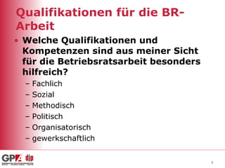Qualifikationen für die BR-Arbeit Welche Qualifikationen und Kompetenzen sind aus meiner Sicht für die Betriebsratsarbeit besonders hilfreich? Fachlich Sozial Methodisch Politisch Organisatorisch gewerkschaftlich 