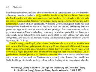 Reichertz, Jo (2011): Abduktion: Die Logik der Entdeckung der Grounded Theory.
    In: Mey/Mruck (Hrsg.): Grounded Theory ...