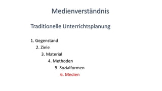 Traditionelle Unterrichtsplanung
1. Gegenstand
2. Ziele
3. Material
4. Methoden
5. Sozialformen
6. Medien
Medienverständnis
 