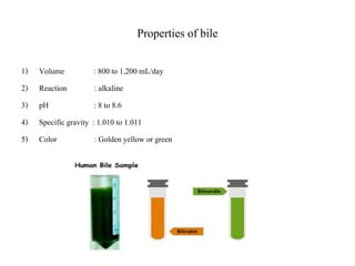 Properties of bile
1) Volume : 800 to 1,200 mL/day
2) Reaction : alkaline
3) pH : 8 to 8.6
4) Specific gravity : 1.010 to 1.011
5) Color : Golden yellow or green
 