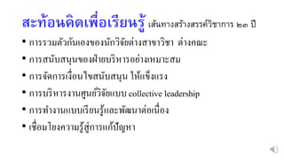 สะท้อนคิดเพื่อเรียนรู้ เส้นทางสร้างสรรค์วิชาการ ๒๓ ปี
• การรวมตัวกันเองของนักวิจัยต่างสาขาวิชา ต่างคณะ
• การสนับสนุนของฝ่ายบริหารอย่างเหมาะสม
• การจัดการเงื่อนไขสนับสนุน ให้แข็งแรง
• การบริหารงานศูนย์วิจัยแบบ collective leadership
• การทางานแบบเรียนรู้และพัฒนาต่อเนื่อง
• เชื่อมโยงความรู้สู่การแก้ปัญหา
 