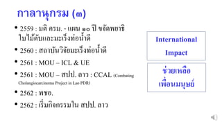 กำลำนุกรม (๓)
• 2559 : มติ ครม. - แผน ๑๐ ปี ขจัดพยาธิ
ใบไม้ตับและมะเร็งท่อน้าดี
• 2560 : สถาบันวิจัยมะเร็งท่อน้าดี
• 2561 : MOU – ICL & UE
• 2561 : MOU – สปป. ลาว : CCAL (Combating
Cholangiocarcinoma Project in Lao PDR)
• 2562 : พชอ.
• 2562 : เริ่มกิจกรรมใน สปป. ลาว
International
Impact
ช่วยเหลือ
เพื่อนมนุษย์
 