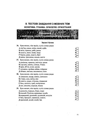II. ТЕСТОВІ ЗАВДАННЯ З МОВНИХ ТЕМ
ФОНЕТИКА. ГРАФІКА. ОРФОЕПІЯ. ОРФОГРАФІЯ
Звуки і букви
36. Букв менше, ніж звуків, в усіх словах рядка
А під'їзд, ялина, поїзд, ємний, юрба
Б мати, серпень, риба, ранок
В ясність, мило, яшма, пюре
Г береза, рима, шерсть, брат
Д миша, трясовина, нянька, життя
37. Букв менше, ніж звуків, в усіх словах рядка
А ремінець, приклад, сміється, крона
Б стрілець, камінь, стілець, Умань
В мрія, об'єм, колія, єретик
Г незнайко, пройма, кайма, гойдалка
Д збіжжя, насіння, моховиння, гілля
38. Букв менше, ніж звуків, в усіх словах рядка
А священик, мадяр, камінь, капюшон
Б п 'явка, дощ, щітка, яма
В совість, суддя, стільчик, піддашшя
Г бязь, волосся, гриб, попідтинню
Д ллє, хвилина, секунда, мішок
39. Букв менше, ніж звуків, в усіх словах рядка
А рюмсати, порядок, бюро, пюре
Б вільний, Поділля, крамниця, гульба
В морквяний, рутвяний, духмяний, мотуззя
Г бязь, бренькіт, навмання, совість
Д приємний, ясний, юний, їжа
Л П
в п
вг
г П
Д П
А
в[
г
д
А
Б[
в[
Г
дЕ
А[
В[
г[
д!
11
 