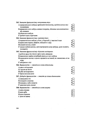 543. Значення фразеологізму «вкоротити віку»
А примусити кого-небудь припинити безчинства, зробити когось пос- А[
тупливішим Б
Б примусити кого-небудь менше говорити, обачніше висловлюватися В
або мовчати ' -
В убити кого-небудь
Г зробити щось коротшим
544. Значення фразеологізму «завдати бант
А перемогти кого-небудь у бою, у боротьбі, у змаганні тощо А(П
Б приносити втрати, нищити, виводити з ладу Б|
В помити когось у лазні В|
Г І —
Г сильно побити когось; дати прочуханки кому-небудь; дуже полаяти, 1
І—
посварити
545. Значення фразеологізму «блукатиманівгріми»
А робити щось без чітких орієнтирів, навмання а| |
Б намагатися знайти потрібний підхід до чого-небудь Б Ц
В переводити погляд з одного предмета на інший, не спиняючись ні на В П
чому г
О
Г заблукати в лісі
546. Фразеологізм — синонім до слова відволікати
А дим в очі пускати а|~~"|
Ь і вухом не вести Б О
В зуби заговорювати в П
Г брати ноги на плечі г
П
547. Доберіть фразеологізм — синонім до слова обманювати
А замазувати очі А| |
Б посадити в калошу Б П
В пальцем у небо попасти В НІ
Г дивитися крізь пальці г
О
548. Фразеологізм — синонім до слова вмерти
А дати стусана А [ З
Б дати дуба б[~)
П І 1
В дати стрекача В| |
І дати по шапці г П
104
 