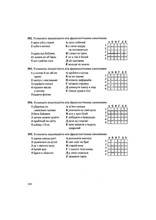 592. Установіть відповідність
1 мати лій у голові
2 губи в молоці
3 дірка від бублика
4 і конем не об'їдеш
5 хоч греблю гати
593. Установіть відповідність
1 у голові й на зяб не
орано
2 лантух з маслаками
3 годуваТи злидні
4 підлити масла
у вогонь
5 кадити фіміам
між фразеологічними синонімами
А хвіст собачий
Б у свою шкуру
не потовпиться
В і свині не їдять
Г не в тім'я битий
Д кіт наплакав
Е молоде та зелене
між фразеологічними синонімами
А трубити в кулак
Б не всі вдома
В співати дифірамби
Г знімати стружку
Д докинути хмизу в жар
Е тільки душа в тілі
А Б В Г Д Е
••••••••••••
Г •
А Б В Г
1 1 Л 1
2 II II 1
3 II II 1
4 I I І 1
5 II II 1
Д Е
• •ш• •
••••
594. Установіть відповідність між фразеологічними синонімами
1 убратися по
самісінькі халяви
2 бити байдики
3 свічки можна сукати
4 прибитий на цвіту
5 собаку з'їсти
А м'яти ханьки
Б ускочити по самі вуха
В хоч у вухо бгай
Г побувати в бувальцях
Д вуха на сторожі
Е наче мішком з-за рогу
вдарений
1 одним ликом шиті
2 засміятися на кутні
3 не з заячого пуху
4 битий жук
5 брати в обмолот
А розсипати кислиці
Б сам чорт не брат
В старий вовк
Г з одного тіста книш
Д у сини годиться
Е задавати гарту
А Б В Г Д Е
і 1 1 II 1
2 II і |
3 ! II 1
4 ••5 1 II 1 1
595. Установіть відповідність між фразеологічними синонімами
А Б В Г Д Е
•П і ••••••••
^п =
••••••••
и ••••
114
 