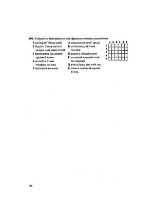 600. Установіть відповідність між фразеологічними синонімами
1 на безриб'ї й рак риба
2 бідного Савку на печі
печуть, а на лавці січуть
3 наговорити сім мішків
гречаної вовни
4 на любов і смак
товариш не всяк
5 наставляй кишеню
А наказати на вербі груші
Б на безлюдді й Хома
чоловік
В хапай в обидві жмені
Г на чужий коровай очей
не поривай
Д кожен Івась має свій лас
Е пішого сокола й ворони
б'ють
А Б В Г Д Е
1 • • •
2 • • • 1
з ш и
4 • • •
5 п п п
116
 