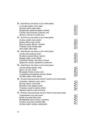 52. Букв більше, ніж звуків, в усіх словах рядка
А соловей, курйоз, м'ята, заява А
Б плем'я, рядок, цирк, арена Б
В торф'яник, юрмитися, форма, інженер В
Г буква, сором'язливий, селянство, дощ 1
Д всього, тьохкати, сьомий, осінь ^
53. Букв більше, ніж звуків, в усіх словах рядка
А казка, устрій, шовк, шелест А
Б арка, робота, хорт, спілка Б
В кіготь, рівень, Василь, значення В
Г Прокіп, папір, бондар, край г
Д ніч, берег, ярмо, ярка Д
54. Букв більше, ніж звуків, в усіх словах рядка
А лінія, ятка, модрина, ялиця А
Б сміюся, молюся, боюся, годуюсь Б
В надра, нафта, клієнт, Китай В
Г Монблан, Памір, Тянь-Шань, Гімалаї Г
Д братство, піджак, ґринджоли, студентство ^
55. Букв більше, ніж звуків, в усіх словах рядка
А водій, римар, крамар, лікар А
Б ріст, лід, пліт, морок Б
В тьмяний, з'їхати, зв'язок, пір'я В
Г приймання, роздоріжжя, волосся, збіжжя ^
Д стійка, мийка, лійка, крайка , ^
56. Кількість букв відповідає кількості звуків в усіх словах рядка
А мільйон, з'явитись, досьє, сяють А
Б колір, смерть, зілля, рілля Б
В матір'ю, в'юн, ящірка, клімат В
Г лижник, подвір'я, корова, ялинка Г
Д ринва, ніжність, дзиґа, відповідь Д
57. Кількість букв відповідає кількості звуків в усіх словах рядка
А народження, льон, яма, щастя А
Б їжак, росомаха, білка, вовк Б
В священний, пам'ять, боєць, юрмитись В
Г сузір'я, молотьба, п'ятниця, яйце Г
Д глина, граблі, плетиво, твердження
14
 