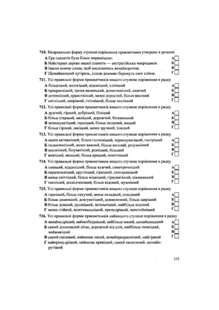 710. Неправильно форму ступеня порівняння прикметника утворено в реченні
А Гра одеситів була більш виразнішою. А
Б Найстарше дерево нашої планети — австралійська макроцимія. Б
В Івасик ковтає слова, щоб висловитись якнайкоротше. В
Г Щонайменший хутірець, сільце ревниво бережуть своє слівце. ^
711. Усі правильні форми прикметників вищого ступеня порівняння в рядку
А більшіший, вологіший, ВІДОМІШИЙ, СЛІПІШИЙ АІ
Б прекрасніший, трохи маленький, допитливіший, нижчий Б[Н
В дотепніший, грамотніший, менш дорослий, більш високий
Г світліший, хворіший, готовіший, більш ЧИСТІШИЙ Г [Ц
712. Усі правильні форми прикметників вищого ступеня порівняння в рядку
А дужчий, гірший, добріший, біліший А| і
Б більш старший, миліший, дорожчий, білявенький б| |
В зеленкуватіший, гарніший, більш людяний, вищий В П
Г більш гірший, лисіший, менш зручний, товщий Г П
713. Усі правильні форми прикметників вищого ступеня порівняння в рядку
А менш активніший, більш голосніший, червонуватіший, гостріший А|Н
Б талановитіший, менш важкий, більш веселий, розумніший
В високіший, білуватіший, рідніший, більший в П
Г живіший, менший, більш кращий, помітніший Г П
714. Усі правильні форми прикметників вищого ступеня порівняння в рядку
А сивіший, відцаніший, більш вужчий, симетричніший А| |
Б паралельніший, кругліший, гіркіший, солодкавіший Б| [
В менш світліший, більш міцніший, гіркуватіший, цікавенький в П
Г тепліший, досвідченіший, більш відомий, мужніший Г П
715. Усі правильні форми прикметників вищого ступеня порівняння В рядку
А гарніший, більш пахучий, менш складний, солодший А| |
Б більш дешевший, довгуватіший, довжелезний, більш щиріший Б[~1
В більш довший, русявіший, загальніший, найбільш відомий в П
Г менш стійкий, велетеньськіший, премудріший, пристойніший г
•
716. Усі правильні форми прикметників найвищого ступеня порівняння в рядку
А якнаймудріший, найнеобхідніший, найбільш милий, щонайшвидший А| |
Б самий досконалий літак, дорожчий від усіх, найбільш темніший, Б| ]
наижившши
в П
В самий сміливий, найменш лисий, якнайпрекрасніший, найгірший ^СИ
Г найпремудріший, найменш кривіший, самий економний, щонайк-
рутіший
135
 