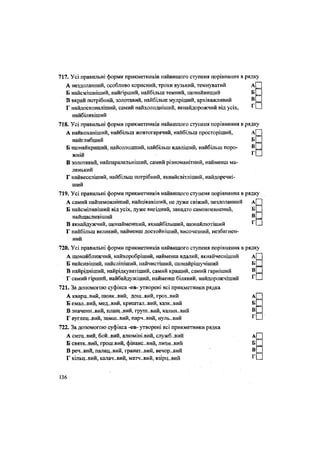 717. Усі правильні форми прикметників найвищого ступеня порівняння в рядку
А нездоланний, особливо корисний, трохи вузький, темнуватий А[~~]
Б найсмішніший, найгірший, найбільш темний, щонайвищий Б П
В вкрай потрібний, золотавий, найбільш мудріший, архіважливий
Г найдосконаліший, самий найхолодніший, якнайдорожчий від усіх, ^СИ
найбілявіший
718. Усі правильні форми прикметників найвищого ступеня порівняння в рядку
А найкоханіший, найбільш жовтогарячий, найбільш просторіший, А| |
найглибший Б[ І
Б щонайкращий, найсолодший, найбільш вдаліший, найбільш поро-
жній
В золотавий, найпаралельніший, самий різноманітний, найменш ма-
ленький
Г найвеселіший, найбільш потрібний, якнайсвітліший, найдоречні-
ший
719. Усі правильні форми прикметників найвищого ступеня порівняння в рядку
••
рядку
А•Б •В•Г •
А самий найзаможніший, найцікавіший, не дуже свіжий, нездоланний А
Б найсміливіший від усіх, дуже вигідний, занадто самовпевнений, Б
найщасливіший В
В якнайдужчий, щонайменший, якнайбільший, щонайлютіший Г П
Г найбільш великий, найменш достойніший, височезний, незбагнен-
ний
720. Усі правильні форми прикметників найвищого ступеня порівняння в рядку
А щонайближчий, найхоробріший, найменш вдалий, якнайчесніший
Б найсивіший, найсліпіший, найчистіший, щонайрішучіший
В найрідніший, найрідкуватіший, самий кращий, самий гарніший
Г самий гірший, найбайдужіший, найменш білявий, найдорожчіший
721. За допомогою суфікса -ов- утворені всі прикметники рядка
А кварц..вий, ШОВК..ВИЙ, дощ..внй, гроз..вий А
Б емая..вий, мед..вий, кришталевий, казк..вий Б П
В значенн..вий, шіащ..вий, груш..вий, калин..вий В ^
Г вуглец..вий, замш..вий, парч..вий, нуль..вий г
722. За допомогою суфікса -ов- утворені всі прикметники рядка
А СИТЦ..ВНЙ, бой..вий, алюміні.вий, служб..вий А) і
Б святк..вий, грош.вий, фінанс-вий, липн..вий Б
В реч..вий, палац..вий, гранат..вий, вечор..вий В П
Г кільц..вий, калач-вий, матч..вий, взірц..вий Г
1Ш
•
•
•
•
•
•
36
 