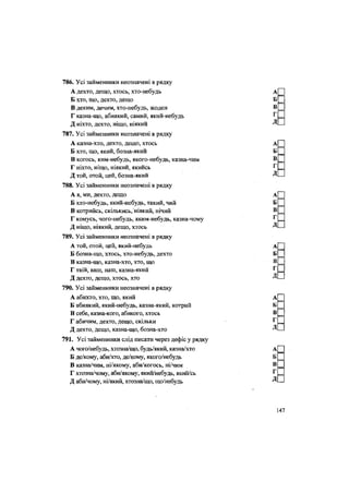 786. Усі займенники неозначені в рядку
А дехто, дещо, хтось, хто-небудь
Б хто, що, дехто, дещо
В деким, дечим, хто-небудь, жоден
Г казна-що, абиякий, самий, який-небудь
Д ніхто, дехто, ніщо, ніякий
787. Усі займенники неозначені в рядку
А казна-хто, дехто, дещо, хтось
Б хто, що, який, бозна-який
В когось, ким-небудь, якого-небудь, казна-чим
Г ніхто, ніщо, ніякий, якийсь
Д той, отой, цей, бозна-який
788. Усі займенники неозначені в рядку
А я, ми, дехто, дещо
Б хто-небудь, який-небудь, такий, чий
В котрийсь, скількись, ніякий, нічий
Г комусь, чого-небудь, яким-небудь, казна-чому
Д ніщо, ніякий, дещо, хтось
789. Усі займенники неозначені в рядку
А той, отой, цей, який-небудь
Б бозна-що, хтось, хто-небудь, дехто
В казна-що, казна-хто, хто, що
Г твій, ваш, наш, казна-який
Д дехто, дещо, хтось, хто
790. Усі займенники неозначені в рядку
А абихто, хто, що, який
Б абиякий, який-небудь, казна-який, котрий
В себе, казна-кого, абикого, хтось
Г абичим, дехто, дещо, скільки
Д дехто, дещо, казна-що, бозна-хто
791. Усі займенники слід писати через дефіс у рядку
А чого/небудь, хтозна/що, будь/який, казна/хто
Б де/кому, аби/хто, де/кому, якого/небудь
В казна/чим, ні/якому, аби/когось, ні/чим
Г хтозна/чому, аби/якому, який/небудь, який/сь
Д аби/чому, ні/який, хтозна/що, що/небудь
 