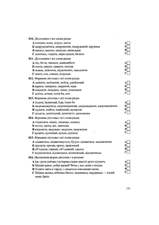 Г П
810. Дієсловами є всі слова рядка
А кликати, клич, лозунг, нести А[
Б напружуватися, напруження, напружений, пружина Б
В писати, письмо, писання, написаний В
Г дивитись, глядіти, переглядати, бачити Г .
811. Дієсловами є всі слова рядка
А іти, бігти, чвалати, шкандибати А|
Б галоп, скакун, скакати, інохідь БЩ
В зелень, зеленити, підзеленити, зазеленити В С І
Г спати, сон, спання, подушка
812. Формами дієслова є всі слова рядка
А любити, люблячий, любов, улюблений
Б варити, наварено, зварений, вари
В показати, показано, показ, показання
Г хотіти, хочеш, хотів би, хоч
813. Формами дієслова є всі слова рядка
А їздити, їжджений, їзда, їздив би А
Б нагромаджувати, нагромаджений, нагромаджено, нагромадження Б
В шукати, знайти, знайдений, шукаючи В _
Г досягти, досягнутий, досягнуто, досягнення Г -
814. Формами дієслова є всі слова рядка
А підносити, підніс, підношу, піднесу А[
Б могти, змога, міг, змагання Б
В видужати, видужаю, видужав, видужання В
Г купити, куплений, куплю, купівля г
-
815. Формами дієслова є всі слова рядка
А цікавитися, цікавитимуться, будуть цікавитися, зацікавлення А[
Б кричати, кричав, кричу, крикливий Б
В об'єднати, єдиний, об'єднаний, єднати В =
Г відзначатися, відзначився, відзначений, відзначивши ^ .
816. Неозначена форма дієслова є в реченні
А Іде гроза дзвінка і кучерява садам замлілі руки цілувать.
Б Шукай краси, добра шукай! Вони є все, вони є всюди.
В Ходить мати в городі, і лащиться плюшевий песик.
Г Поїдеш далеко, побачиш багато, задивишся, зажуришся — згадай
мене, брате.
 
