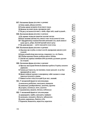 817. Неозначена форма дієслова є в реченні
А Осінь ходить, яблука золотить.
Б Ходімо краще вечеряти після такого труду.
В Дихаємо на повні груди, прозираємо далі.
Г Не раз у сні являється мені, о люба, образ твій, такий чудовий...
818. Неозначена форма дієслова є в реченні
А На деревах подекуди тремтіли золотаві листки.
Б Вінок захищає дівчину від «лихого ока» та від нечистої сили.
В У Щедрий вечір готували багатий святковий стіл, Який символі-
зував щастя, добро, багатий врожай нового року
Г Це дуже важливо — вміти знаходити точні слова.
819. Неозначена форма дієслова є в реченні
А Дзвонімо ще в кубки, в ковші золотії, прапрадідні дзвони гучні-
голоснії.
Б Блука осінній вітер поза плотом, покружляє та у ліс біжить.
В Я Лубни проспать боюся, розбуди мене в Лубнах.
Г Довгий час українці називали себе русичами, русинами, руськи-
ми людьми.
820. Неозначена форма дієслова є в реченні
А Ярослав наслідував батька ц намагався зробити Україну сильною
державою.
Б Тумани роз'їдали лід, що відтавав, ставав крихкий, та ще був
примерзлий до землі.
В Далекі скіфські кургани у неяскравому сяйві ласкавого сонця
здаються попелясто-сірцми.
Г Навесні на його місці молодий буде лист, зелений.
821. У неозначеній формі всі дієслова рядка
А визволити, розбігтися, знехтувати, відпороти
Б домагатися, роззброюватися, дихатиме, вручити
В догоріти, спізниться, пили, досягати
Г відзначитися, визнати, явитися, побачаться
822. У неозначеній формі всі дієслова рядка
А нагромадити, знайти, знаходити, знайдено
Б озеленити, озеленяти, збагнути, забезпечити
В долати, вдивлялись, благати, гоїть
Г боронити, белькотить, воркотіти, воркотати
152
 