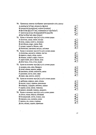 70. Правильну вимову відображає транскрипція слів у рядку
А різьбяр [р'ізб'ар], дівчата [д'іфч&та] А[_~]
Б кукурудза [кукурудза], клинок [клинок] Б !"
В фюзеляж [ф'узе"л'аш], підживити [п'іджие
витис
] В _]
Г зшиток [шгиток], безжурний [бе"ж:урние
й] 1
_}
Д бур'ян [бур'ан], аґрус [аґрус] —І
71. Буква в позначає звук [в] в усіх словах рядка
А велетень, назва, хвиля, вогник А
Б вісім, лежав, повість, веснянка Б
В пів'яблука, відро, читав, Київ В
Г вечеря, здоров'я, Відень, свій Г .
Д Шевченко, навчання, виступ, світлиця Д
72. Буква в позначає звук [в'] В усіх словах рядка
А відповідь, мовчати, сивина, зав'язь АІ [
Б вірність, відліт, вітер, освіта Б
В південь, довір'я, вірш, в'янути В
Г дерев'яний, двісті, брова, вовк ^ .
Д обов'язок, в'юн, в'юк, ВІДДІЛ Д -
73. Буква ц позначає звук [ц] в усіх словах рядка
А цукерка, ціль, ціан, Цицерон АГ
Б дочці, цілина, цикати, цифра Б _
В цикламен, цілий, соціологія, цятка В
Г рушниця, цегла, ціна, цирк .
Д серце, цар, цоколь, цокати Д
74. Буква ц позначає звук [ц'] в усіх словах рядка
А дрібниця, цвіркун, цвях, кінець А[
Б внучці, гуцул, чернець, революція
В комірець, гліцерин, циновка, левиця В
Г церква, качці, місце, гаманець ^ =
Д цемент, цікавий, знавець, двадцять Д -
75. Буква с позначає звук [с] в усіх словах рядка
А світло, пісня, бабуся, сміливий А[
Б безсмертний, злість, істина, схід Б
В струмок, сон, схопити, слово В _
Г писати, сік, стати, сторінка ^ .
Д сіль, місяць, сорока, принісши Д -
17
 