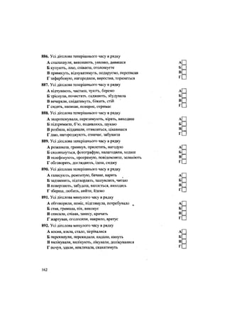 886. Усі дієслова теперішнього часу в рядку
А спалахнули, виконають, уявляю, дивишся
Б купують, ллю, співаєш, оголошуєте
В принесуть, відчуватимуть, подаруємо, переписав
Г зафарбовую, нагородили, виростив, торкнеться
887. Усі дієслова теперішнього часу в рядку
А відчувають, чистиш, чують, беремо
Б тріснули, почистять, саджають, збудувала
В вечеряли, снідатимуть, біжить, стій
Г сидять, напише, поверне, отримає
888. Усі дієслова теперішнього часу в рядку
А запропонували, перезимують, вірять, виходиш
Б підтримаєш, б'ю, подивлюсь, шукаю
В розбила, віддавали, отямляться, цікавишся
Г даю, нагороджують, означає, забуваєш
889. Усі дієслова теперішнього часу в рядку
А розкажеш, гримнув, прилетять, нагодую
Б сколихнуться, фотографую, налагодили, ходиш
В телефонують, програмую, повідомляєш, зеленіють
Г обговорять, доглядають, ідеш, сиджу
890. Усі дієслова теперішнього часу в рядку
А галасують, ремонтую, бачиш, варить
Б задзвенить, підтвердять, зашумлять, читаю
В повертають, забудеш, виллється, виходять
Г збереш, любить, вийти, йдемо
891. Усі дієслова минулого часу в рядку
А обговорили, поніс, підглянула, потребувало
Б став, гримала, пік, виконує
В списали, співав, занесу, кричать
Г жартував, оголосили, накрило, врятує
892. Усі дієслова минулого часу в рядку
А косив, взяла, стало, зігрівалися
Б перекинули, перекидали, кидали, кинуть
В вилікували, вилікують, лікували, долікувалися
Г почув, здали, викликала, скакатимуть
162
 