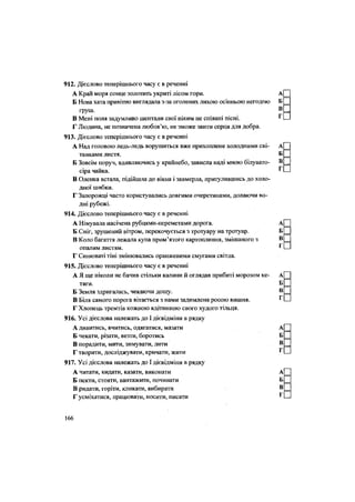 912. Дієслово теперішнього часу є в реченні
А Край моря сонце золотить укриті лісом гори.
Б Нова хата привітно виглядала з-за оголених лихою осінньою негодою
груш.
В Мені поля задумливо шептали свої ніким не співані пісні.
Г Людина, не позначена любов'ю, не зможе звити серця для добра.
913. Дієслово теперішнього часу є в реченні
А Над головою ледь-ледь ворушиться вже прихоплене холодними сві-
танками листя.
Б Зовсім поруч, вдивляючись у крайнебо, зависла наді мною білувато-
сіра чайка.
В Оленка встала, підійшла до вікна і завмерла, притулившись до холо-
дної шибки.
Г Запорожці часто користувались довгими очеретинами, долаючи во-
дні рубежі.
914. Дієслово теперішнього часу є в реченні
А Німувала насічена рубцями-переметами дорога.
Б Сніг, зрушений вітром, перекочується з тротуару на тротуар.
В Коло багаття лежала купа прим'ятого картоплиння, змішаного з
опалим листям.
Г Синюваті тіні змінювались оранжевими смугами світла.
915. Дієслово теперішнього часу є в реченні
А Я ще ніколи не бачив стільки калини й оглядав прибиті морозом ке-
тяги.
Б Земля здригалась, чекаючи дощу.
В Біля самого порога вітається з нами задимлена росою вишня.
Г Хлопець тремтів кожною клітинкою свого худого ТІЛЬЦЯ.
916. Усі дієслова належать до І дієвідміни в рядку
А дивитись, вчитись, одягатися, мазати
Б чекати, різати, везти, боротись
В порадити, мити, зимувати, лити
Г творити, досліджувати, кричати, жити
917. Усі дієслова належать до І дієвідміни в рядку
А читати, кидати, казати, виконати
Б пекти, стояти, вантажити, починати
В ридати, горіти, кликати, вибирати
Г усміхатися, працювати, носити, писати
166
 