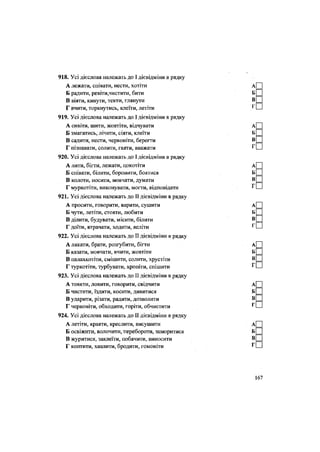918. Усі дієслова належать до І дієвідміни в рядку
А лежати, співати, нести, хотіти
Б радити, ревіти,чистити, бити
В віяти, кинути, текти, глянути
Г вчити, торкнутись, клеїти, летіти
919. Усі дієслова належать до І дієвідміни в рядку
А сивіти, шити, жовтіти, відчувати
Б змагатись, лічити, сіяти, клеїти
В садити, нести, червоніти, берегти
Г пізнавати, солити, гаяти, вважати
920. Усі дієслова належать до І дієвідміни в рядку
А лити, бігти, лежати, цокотіти
Б співати, білити, боронити, боятися
В колоти, носити, мовчати, думати
Г муркотіти, виконувати, могти, відповідати
921. Усі дієслова належать до II дієвідміни в рядку
А просити, говорити, варити, сушити
Б чути, летіти, стояти, любити
В ділити, будувати, місити, білити
Г доїти, втрачати, ходити, веліти
922. Усі дієслова належать до II дієвідміни в рядку
А лякати, брати, розгубити, бігти
Б казати, мовчати, вчити, жовтіти
В палахкотіти, смішити, солити, хрустіти
Г туркотіти, турбувати, хропіти, спішити
923. Усі дієслова належать до II дієвідміни в рядку
А товкти, ловити, говорити, свідчити
Б чистити, їздити, косити, дивитися
В ударити, різати, радити, дозволити
Г червоніти, обходити, горіти, обчистити
924. Усі дієслова належать до II дієвідміни в рядку
А летіти, краяти, креслити, висушити
Б освіжити, волочити, перебороти, заморитися
В журитися, заклеїти, побачити, виносити
Г коптити, хвалити, бродити, гомоніти
 