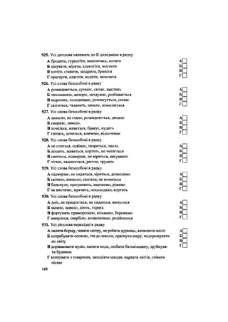 925. Усі дієслова належать до II дієвідміни в рядку
А бродити, гуркотіти, веселитись, котити
Б цінувати, міряти, клекотіти, мостити
В хотіти, ставити, заздрити, бриніти
Г прагнути, одягати, водити, няньчити
926. Усі слова безособові в рядку
А розвидняється, сутеніє, світає, щастить
Б лихоманить, вечоріє, нездужає, розбивається
В морозить, холоднішає, розписується, співає
Г світиться, таланить, замело, помиляється
927. Усі слова безособові в рядку
А занесло, не стало, розвидняється, дихало
Б смеркає, замело,
В хочеться, живеться, бракує, нудить
Г гнітить, хочеться, кличемо, відпочиває
928. Усі слова безособові в рядку
А не спиться, освіжає, твориться, пахло
Б дощить, живеться, кортить, не читається
В сміється, підмерзає, не віриться, висушило
Г зітхає, хвилюється, регоче, трусить
929. Усі слова безособові в рядку
А підмерзає, не сидиться, віриться, дозволимо
Б світило, винесло, спиться, не можеться
В блиснуло, прогримить, мерзнемо, ріжемо
Г не вистачає, мрячить, похолодало, кортить
930. Усі слова безособові в рядку
А дніє, не працюється, не сидиться, минулося
Б залило, замело, діють, горить
В фортунить приморозило, візьмемо, бережемо
Г минулося, свербіло, возвеличило, розійшлося
931. Усі дієслова перехідні в рядку
А налити борщу, чекати сестру, не робити дурниць, визволити місто
Б потребувати спокою, іти до школи, прагнути миру, подорожувати
по світу
В дорівнювати нулю, налити води, любити батьківщину, зруйнува-
ти будинок
Г кепкувати з товариша, заподіяти шкоди, нарвати квітів, співати
пісню
168
 