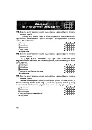 на встановле
лМВиА^Л'лліь: 4».. .V*.
,4/з;
•
991. З'ясуйте, якою частиною мови є виділені слова в реченні (цифра позначає
наступне слово).
(ї)Надвечір хуга втихла, хмари на заході почервоніли, сніг стужавів і гос-
тро заблищав, а повітря стало (2)таким прозорим, (3)що було далеко видно голі
дерева (4)понад шляхом.
А іменник А Б В Г Д
Б прислівник
В займенник ^З
Г сполучник 4
Д прийменник
992. З'ясуйте, якою частиною мови є виділені слова в реченні (цифра позначає
наступне слово).
Ось (1)тут, (2)біля віковічного лісу, при злитті (3)восьми річок,
(4)розташований невеликий, але високий острівець, обрамлений звідусіль моло-
дими деревами.
А числівник А Б В Г Д
1
2
З
їж 4Д приименник
993. З'ясуйте, якою частиною мови є виділені слова в реченні (цифра позначає
наступне слово).
Те живе, що має прийти, що неодмінно мусить прийти, чулося в усьому: і в
(1)цьому свіжому повітрі, (2)/ в тому (3)вічноосяйному сонці, і навіть у цьому
жовтому листі, що, (4)зогнивши, мусило дати початок новому буйному житло.
Б прислівник
В займенник
Г дієприкметник (форма дієслова)
1 1 II
1 1 І
1 1 II
1 1 ! І
А прикметник
Б займенник
В прийменник
Г дієприслівник (форма дієслова)
Д сполучник
А Б В Г Д
180
 
