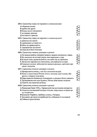 1014. Граматичну норму не порушено в словосполученні
А обидвома ногами
Б прийти пів другої
В більше всього імпонувати
Г на порядку денному
Д поставити у приклад
1015. Граматичну норму не порушено в словосполученні
А зрікатися від ідеалів
Б порівнювати до минулого
В дбати за справедливість
Г одружуватись на дівчині
Д твори релігійної тематики
1016. Граматичну помилку допущено в реченні
А Не чекаючи відбою повітряної тривоги, матроси поспішили у гавань.
Б Не дивлячись на погодні умови, вони вирушили в гори.
В Я всюди їздив, шукаючи роботи, але мене ніде не приймали.
Г Дівчата аж верещали від захоплення, спостерігаючи за грою.
Д Глянувши на мене, чайка раптом махнула крильми, скрипливо кря-
кнула і відлетіла.
1017. Граматичну помилку допущено в реченні
А Прикрашаючи ялинку, у нас був святковий настрій.
Б Разом із однолітками Віталик тягав у веселому гурті волока, зби-
раючи з поверхні води ряску.
В Переглядаючи пізнавальні телепередачі, я дізнаюсь багато цікавого.
Г Проїжджаючи повз наш будинок, Петька обов'язково сигналив.
Д Тікаючи, він наскочив на балку.
1018. Граматичну помилку допущено в реченні
А Покинувши Львів 1944 р., Тарнавський став політичним емігрантом.
Б Сівши на підставлений сестрою стільчик, лікар взявся оглядати ра-
ну потерпілого.
В Блукаючи Україною, прибивсь я якось у Чигирин.
Г Засуджено дві групи контрабандистів, спіймавши їх на кордоні.
Д Співають ідучи дівчата.
 