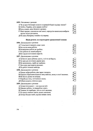 1055. Питальним є речення
А Чи ж мало богатирів полягло в кривавій борні за рідну землю? А
Б Любіть Україну, всім серцем любіть! Б
В Будь славен, день багатого врожаю. В
Г Наші предки, освоюючи нові землі, передусім намагалися вибрати Г
зручне місце для житла. Д
Д На святу Катерину ховайся під перину.
Види речень за структурою граматичної основи
1056. Двоскладним є речення
А У січні вночі панують сови і сичі. А
Б Без охоти нема роботи. Б
В Балаканням роботи не зробиш. В
Г Без роботи не чекай доброти. Г
Д Без трудів не їстимеш пирогів. Д
1057. Двоскладним є речення
А За битого двох небитих дають, та й то не беруть. А
Б За один раз не зітнеш дерева враз. Б
В Не нагнувшись, гриба не знайдеш. В
Г Листопад зимі ворота відчиняє. Г
Д По роботі пізнати майстра. Д
1058. Двоскладним є речення
А Краще добре робити, ніж гарно говорити. А
Б Березень березовим віником зиму вимітає, весну в гості закликає. Б
В На батозі далеко не поїдеш. В
Г Пороби до поту, то й поїси в охоту. Г
Д Робити казали, а їсти не дали. Д
1059. Двоскладним є речення
А Хочеш їсти калачі — не сиди на печі. А
Б Швидко робить, та переробляє довго. Б
В Травень ліс прибирає, літо в гості закликає. В
Г За одного вченого дають десять невчених. Г
Д Хочеш більше знати, мусиш менше спати. Д
194
 
