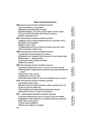 Види односкладних речень
1066. Односкладним означено-особовим є речення
А До гори вийдеш, а з гори зійдеш. А
Б Посадили над козаком явір та калину. Б
В Любимо Вкраїну, та не сліпо, щирим серцем, чистою душею. В
Г Чи хоч пучечок тої калини мені на груди покладуть. Г
Д Гарно у таку пору в полі. Д
1067. Односкладним означено-особовим є речення
А Марную день на пошуки незримої німої суті в сутінках понять. А
Б В травні стихло навкруги. Б
В Дорога. Ранок. Тиша. В
Г Покромсали життя моє на частки, на тьмяну січку слів і суєти. Г
Д Нас зустрічають хлібом-сіллю. Д
1068. Односкладним означено-особовим є речення
А Задзвонили у Констанці рано в усі дзвони. А
Б Назриваю в гаю запашного зілля, запашного зілля, вибуялих трав. Б
В Сійте вчасно — матимете рясно. В
Г До лисини дожив, а розуму не нажив. Г
Д Яшкові не спалося. Д
1069. Односкладним означено-особовим є речення
А На ланах співають ще не часто, і сьогодні в полі день важкий. А
Б Між будинком та брукованою вулицею розбито мальовничий палі- Б
садник. В
В Заморосило осінь у сльозу. Г
Г Надворі було тихо, як у хаті. Д
Д В далекій дорозі найду або долю, або за Дніпром ляжу головою...
1070. Односкладним означено-особовим є речення
А В тропіках темніє одразу. А
Б Взимку та повесні курінь відчинено з ранку до вечора і цілу ніч. Б
В Там того поля на заячий скік. В
Г Не поганьбімо ж бо ніколи міщанством романтичних шат. Г
Д На небо не скочиш, а в землю не закопаєшся. Д
1071. Односкладним неозначено-особовим є речення
А На ланах співають ще не часто, і сьогодні в полі день важкий. А
Б Доберемся за три годиночки за стонадцять верств до родиночки. Б
В Мої любі, до мене ходіть! В
Г Разом ходімо в майбутнє. г
Д Вчись не до старості, а до смерті. Д •
196
 